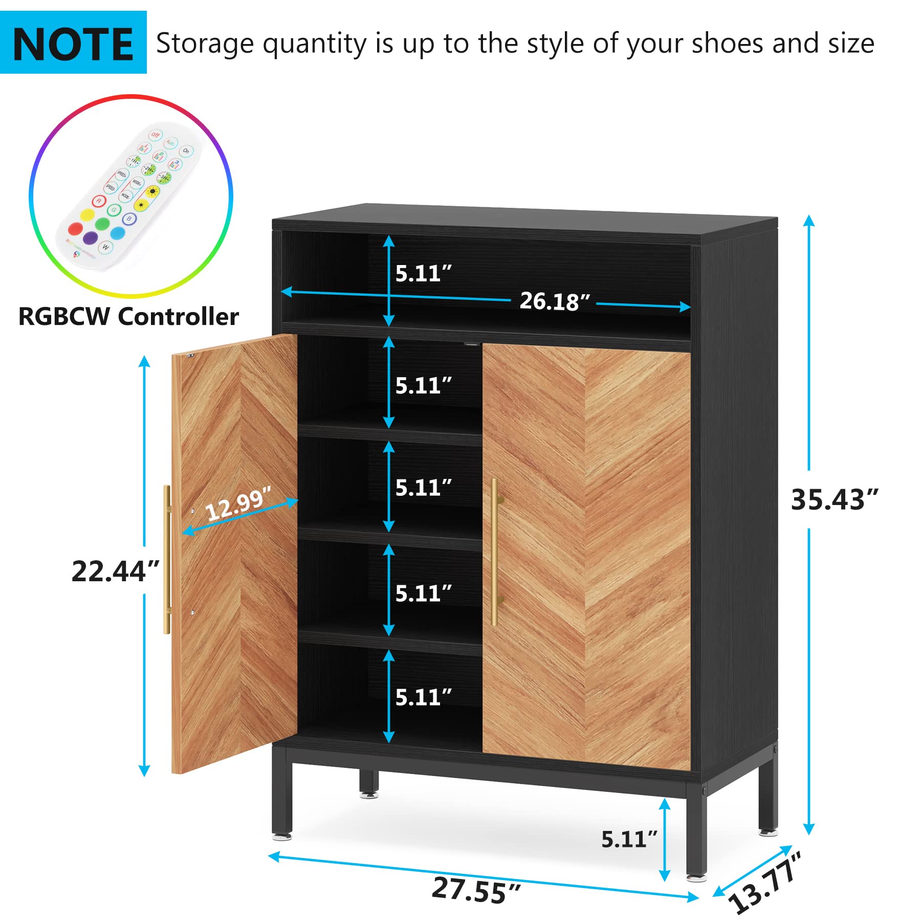 Tribesigns Shoe Cabinet with Doors and Shelves, 16 Pairs Entryway Cabinet with Led Light, 5-Tier Free Standing Racks Storage Organizer for Closet, Living Room, Bedroom (Brown/Black) - WoodArtSupply