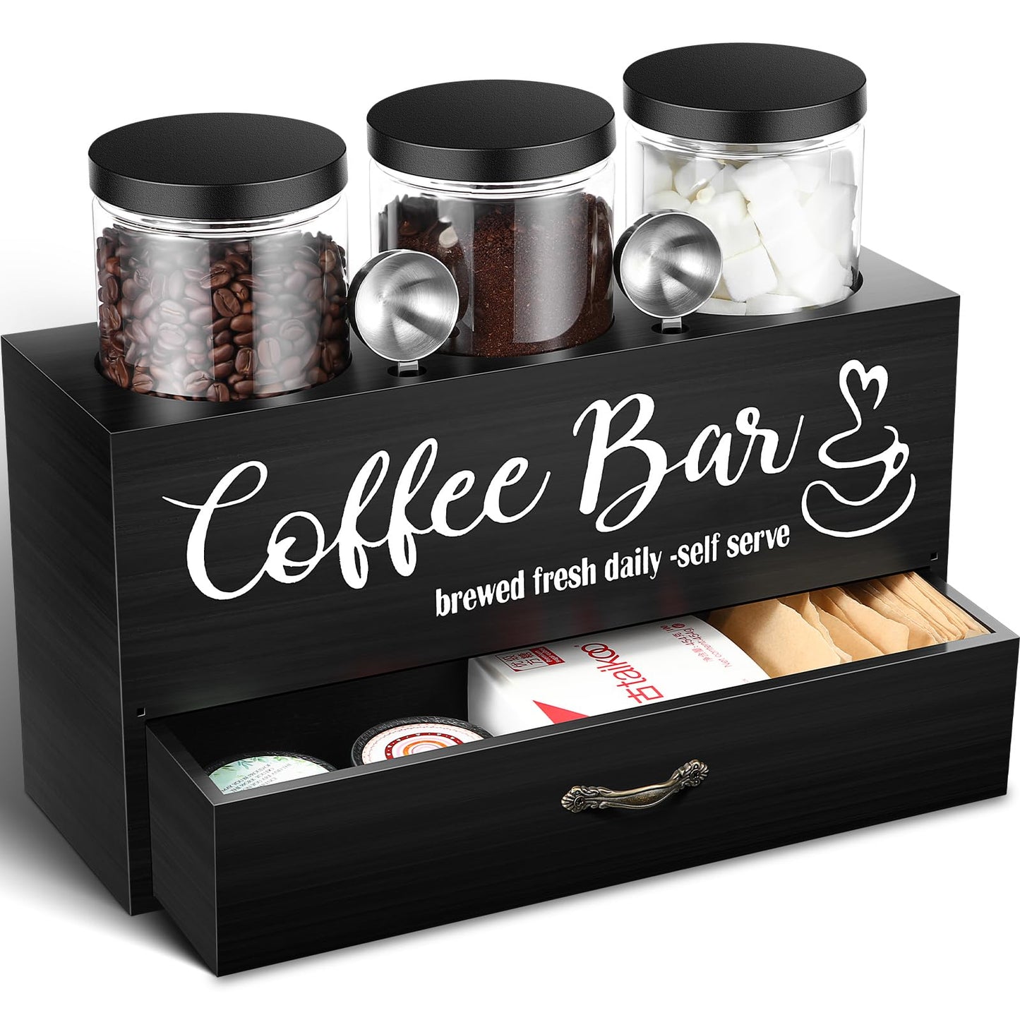 Skybooly 3 Pcs Coffee Canister Set with Shelf and Spoon Plastic Coffee Bean Storage Container with Lids Coffee Storage Box with Drawer Food Storage Jars for Coffee Bar Kitchen (Black)