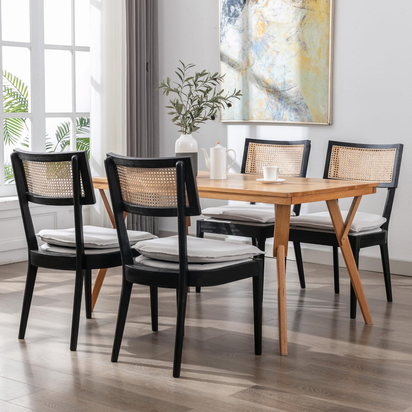 Guyou Black Rattan Dining Chairs Set of 2, Linen Upholstered Farmhouse Dining Chairs with Cane Back, Wood Kitchen Dining Chairs with Removable Cushion, Armless Cane Dining Chair for Dinner Li - WoodArtSupply