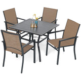 Anmutig 5 Piece Patio Dining Set for 4, 35” Square Table with Umbrella Hole, 4 Metal Sling Chairs, Outdoor Table and Chairs Set for Lawn Backyard and Deck Brown Anmutig