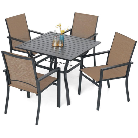 Anmutig 5 Piece Patio Dining Set for 4, 35” Square Table with Umbrella Hole, 4 Metal Sling Chairs, Outdoor Table and Chairs Set for Lawn Backyard and Deck Brown Anmutig