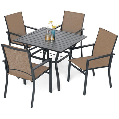 Anmutig 5 Piece Patio Dining Set for 4, 35” Square Table with Umbrella Hole, 4 Metal Sling Chairs, Outdoor Table and Chairs Set for Lawn Backyard and Deck Brown