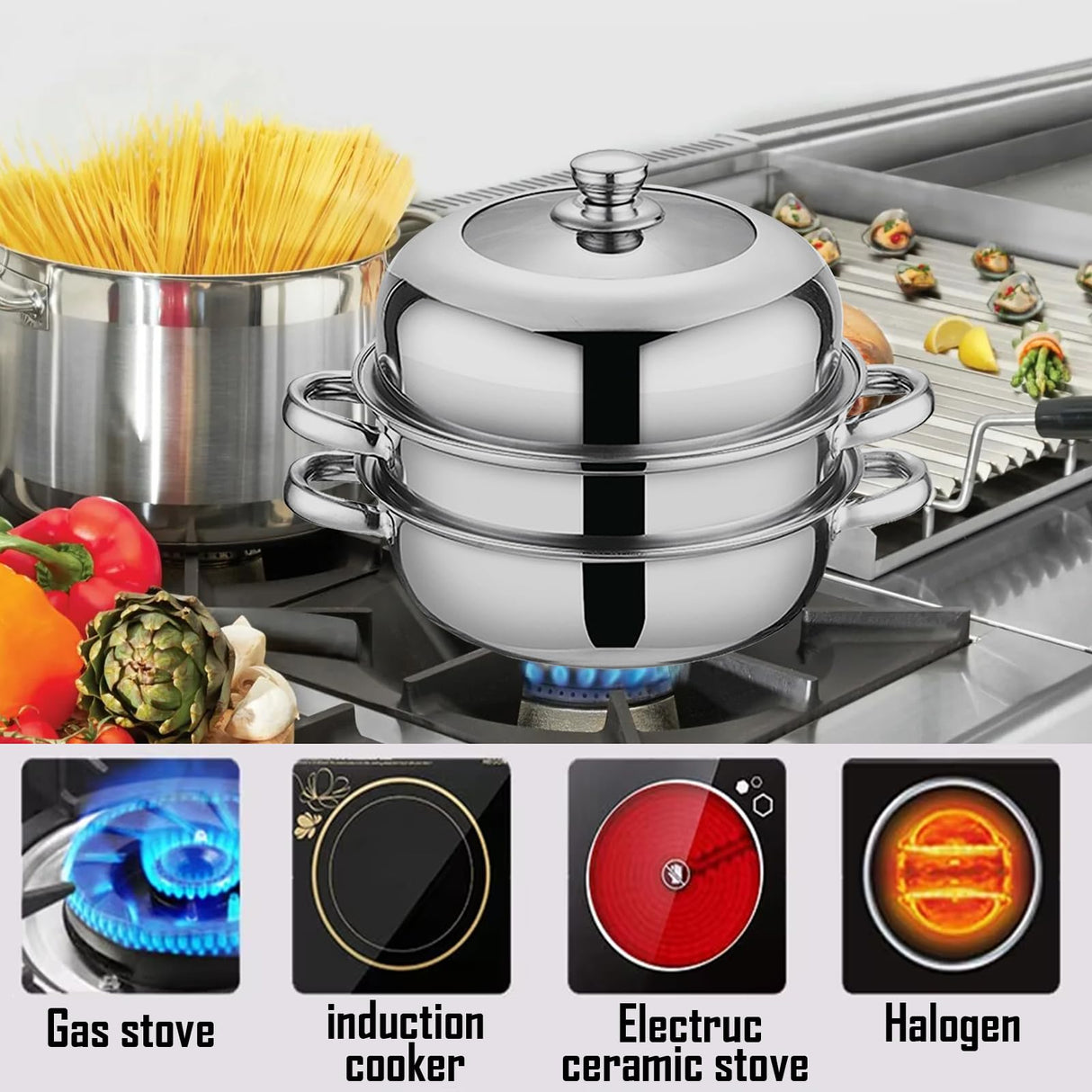 Steamer Pot for Cooking,Stainless Steel Steamer Pot,11 inch Steam Pots with Lid 2-tier for Cooking Veggies Fish Seafood Noodles, Pasta, Food JMTEEA