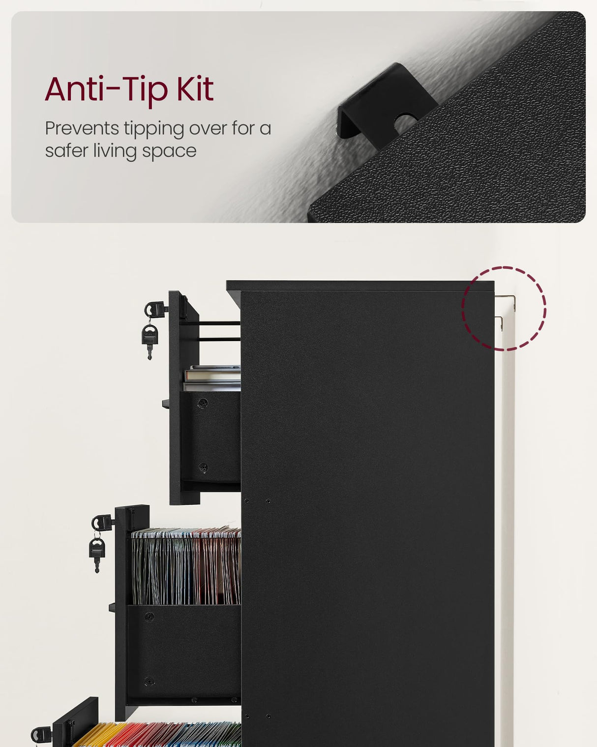 VASAGLE 3 Drawer File Cabinet, File Cabinet with Lock, Printer Stand, Office Filing Cabinet Organizer, for A4 and Letter Size Files, Ink Black UOFC055B16 VASAGLE