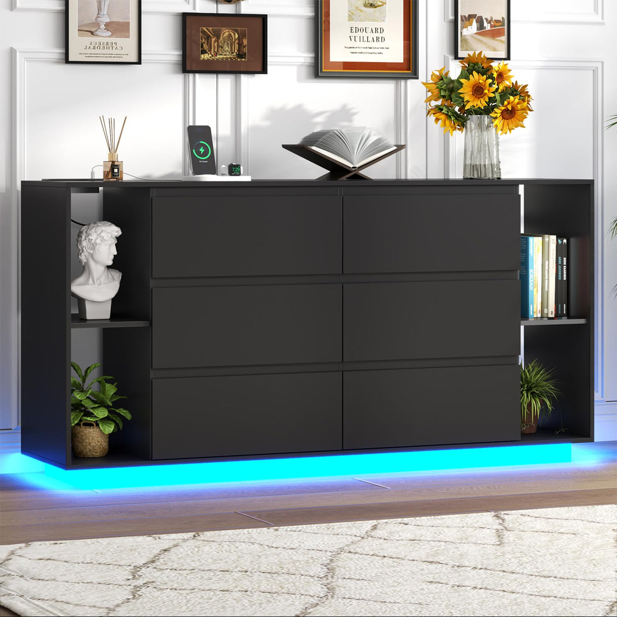 Gyfimioe 6 Drawer Dresser with Power Outlet, Floating White Dresser Chest of Drawer with LED Light,Modern Double Wide Drawer Organizer Cabinet for Bedroom,Living Room (6 Drawer-Black) Gyfimoie