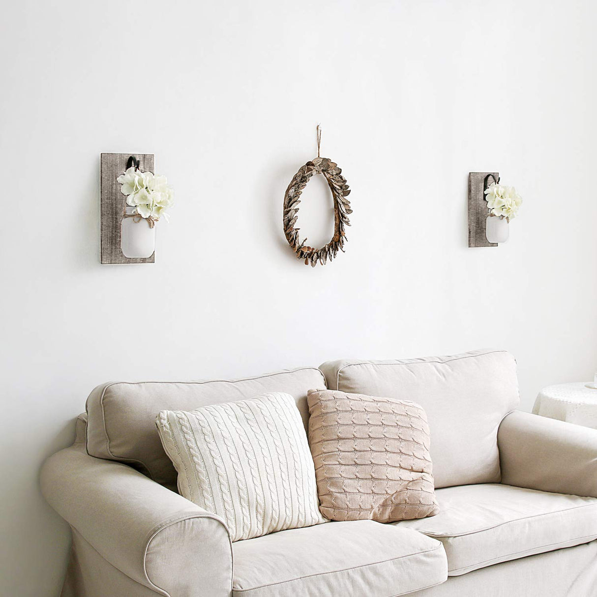 Mkono Wall Sconces Rustic Sconces Set of 2 Farmhouse Mason Jars Bathroom Decor Wood Boards with Fairy Lights and Flowers Fall Wall Decor for Home Kitchen Living Room, White Mkono