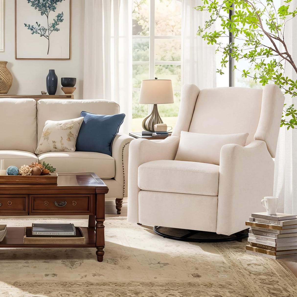 Harkawon Wingback Glider Rocking Recliner, Swivel Rocker Recliner Chair, Nursery Rocking Chair, Fabric Chair with Lumber Support, High Back, Deep Seat, for Living Room, Bedroom, Beige Harkawon