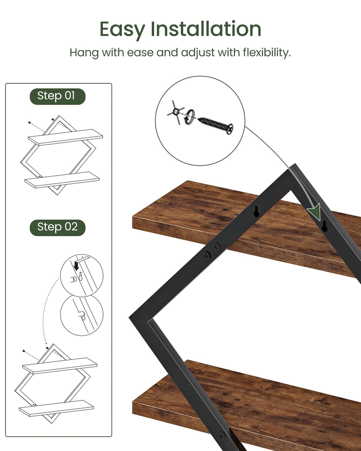 CHOEZON Floating Shelves, Set of 2 Wall Shelves, 2-Tier Hanging Shelves, Wall Shelf Set of 2, Wall Mounted Shelves, for Living Room, Bedroom, Kitchen, Office, Study, Rustic Brown TBJ01P2BF CHOEZON