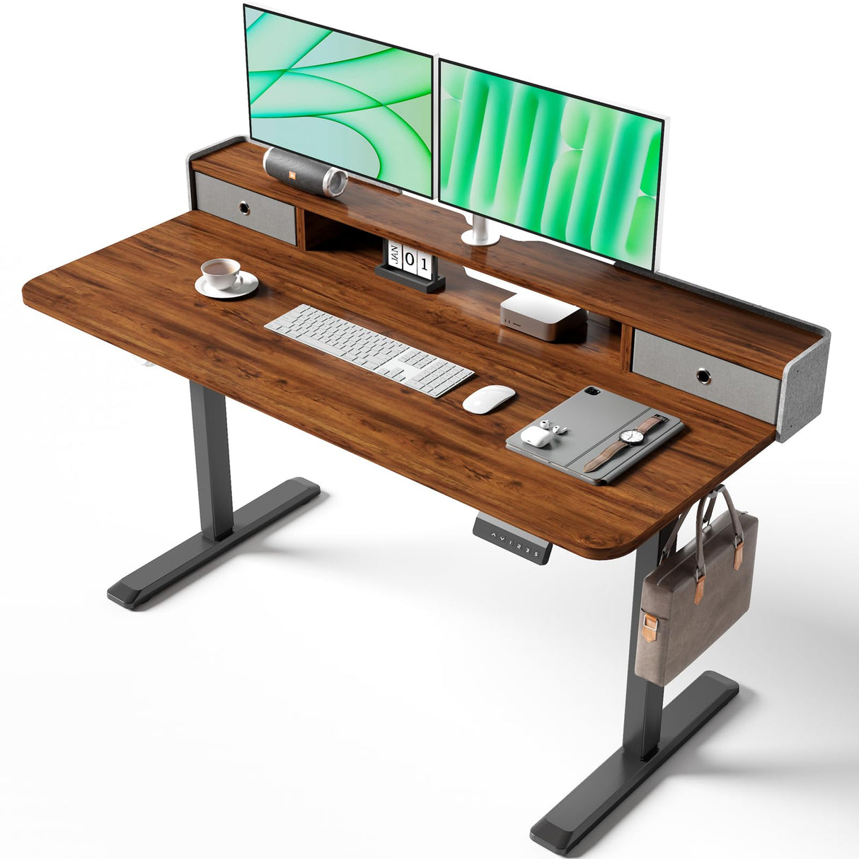 TRALT Electric Standing Desk 48 Inch Height with 2 Drawers-Adjustable Height Desk with Storage Shelf - Sit Stand Up Workstation (Rustic Brown, 48X24 Inches) TRALT