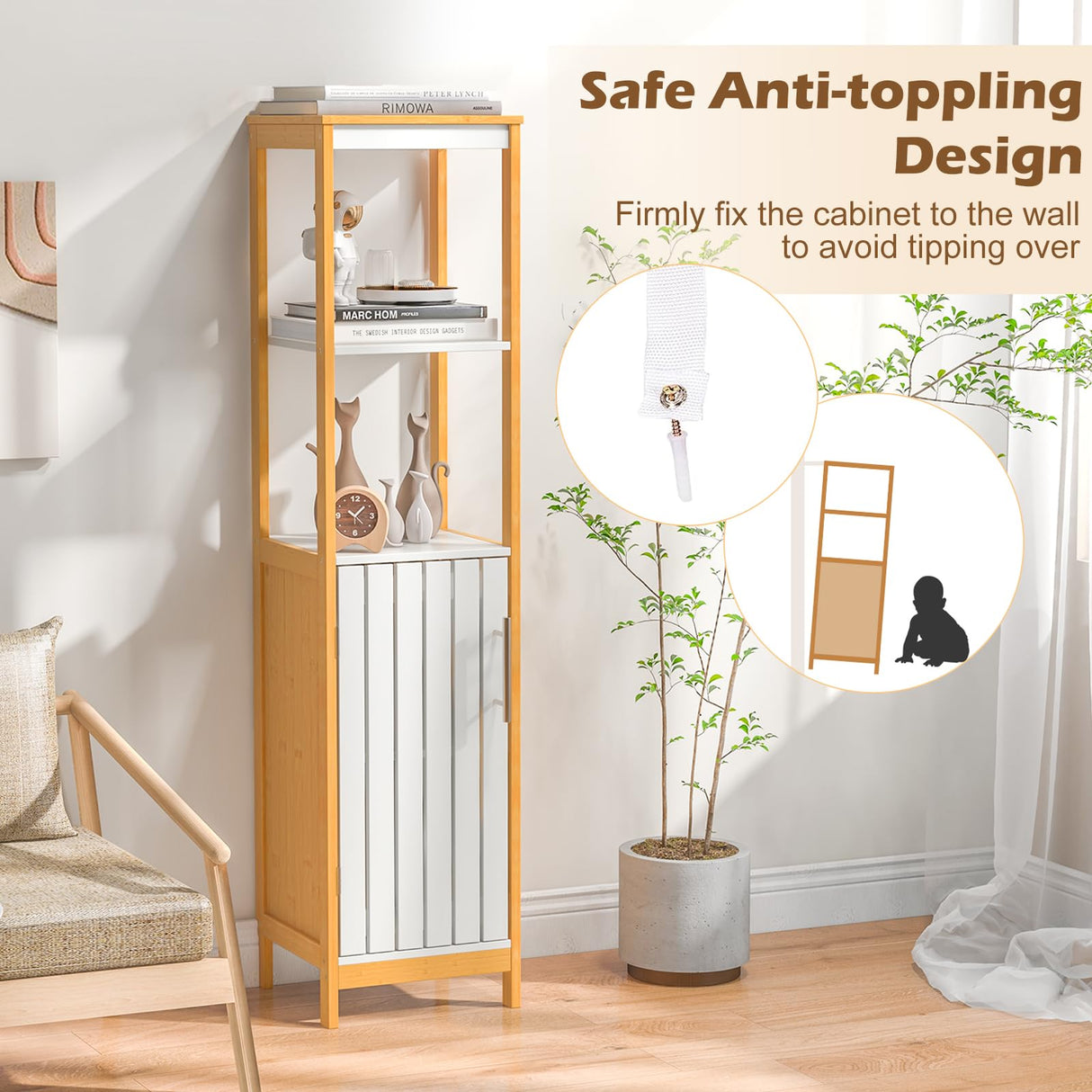 LOKO Bamboo Bathroom Storage Cabinet, Freestanding Floor Cabinet with Door, Adjustable Shelf & Open Shelves, Slim Narrow Linen Tower Cabinet for Living Room, Laundry Room, Kitchen, (White+Natural) LOKO