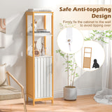 LOKO Bamboo Bathroom Storage Cabinet, Freestanding Floor Cabinet with Door, Adjustable Shelf & Open Shelves, Slim Narrow Linen Tower Cabinet for Living Room, Laundry Room, Kitchen, (White+Natural) LOKO