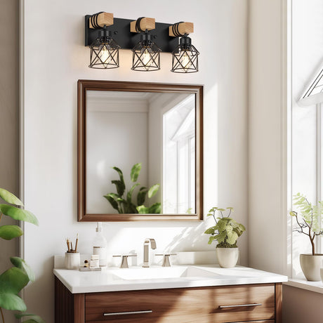 FadimiKoo 3-Light Farmhouse Vanity Light for Bathroom, Wood Bathroom Light Fixtures Over Mirror, Industrial Black Vanity Light with Metal Lampshade for Bedroom Hallway Living Room FadimiKoo
