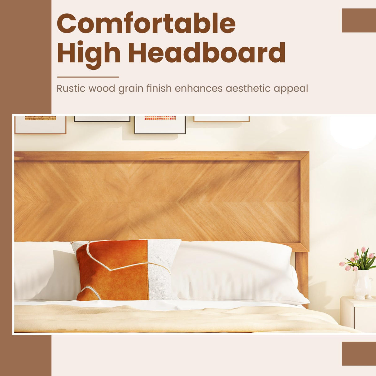 Giantex Wood Full Size Bed Frame with Headboard, Solid Acacia Wood Platform Bed with 12 Strong Wooden Slat Support, Scandinavian Style Art Deco Full Bed Frame, No Box Spring Needed, Rustic Brown Giantex