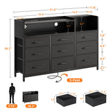 Casaottima Dresser for Bedroom with LED Lights, 9 Drawer Bedroom Dresser with Charging Station, Fabric Dressers & Chest of Drawers with Shelves for Closet, Sturdy Steel Frame Wooden Top, Black Casaottima