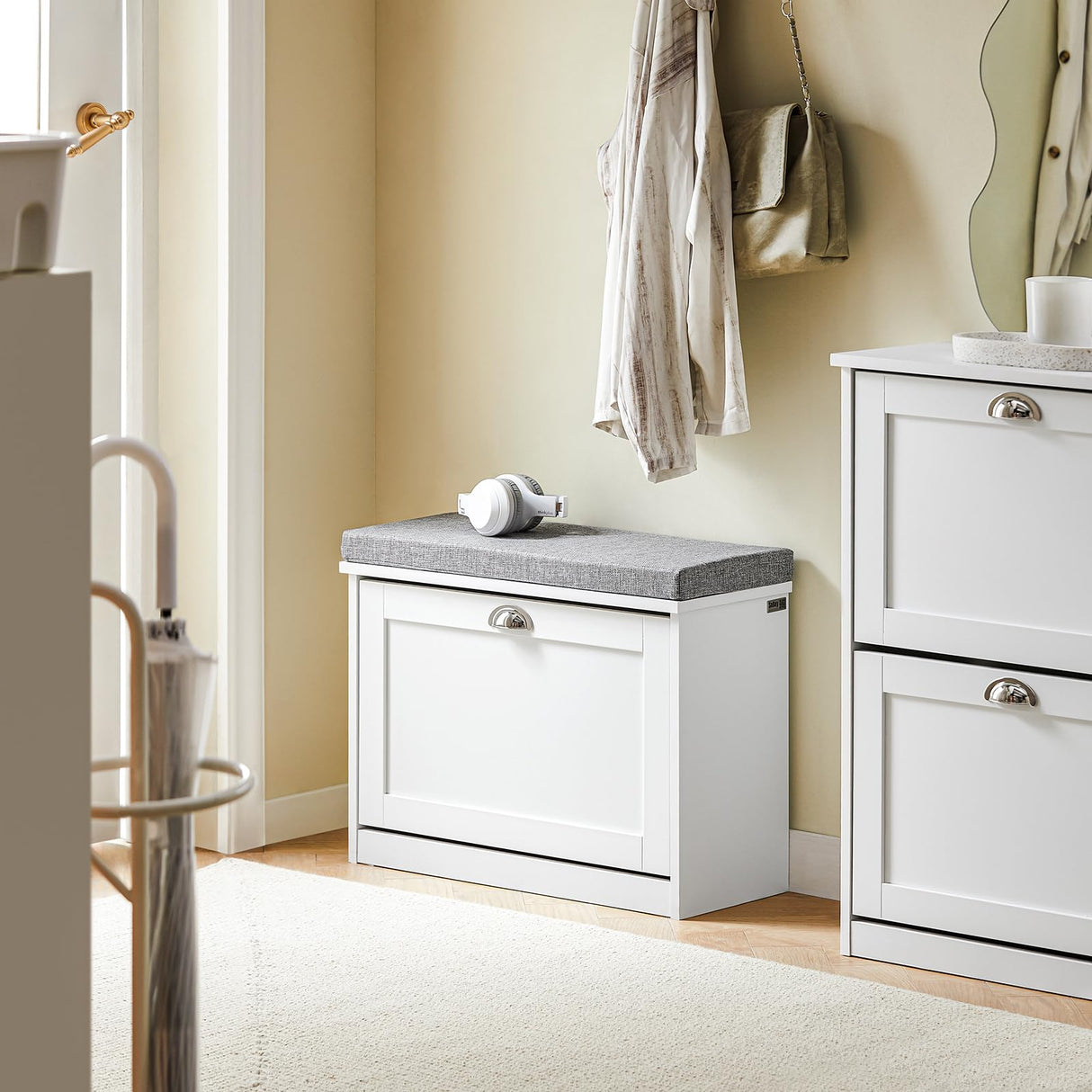 Haotian Small Shoe Storage Bench with Cushion, White Narrow Shoe Rack for Entryway, Small Shoe Cabinet with 2 Tiers Flip-Drawer, FSR195-K-W Haotian