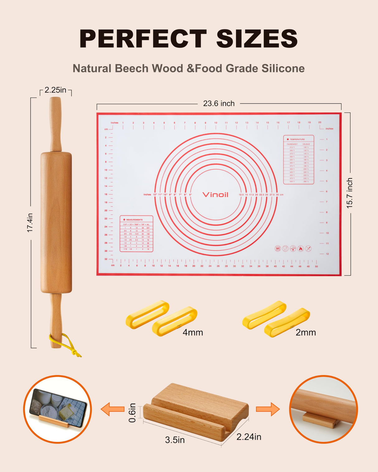VINOIL Classic Wood Rolling Pin, 17" Rolling Pins for Baking with Silicone Mat and Adjustable Thickness Rings, Pasta Roller with Wood Base, Fondant Roller for Pie Crust, Cookies, Pizza Dough and Bread Vinoil
