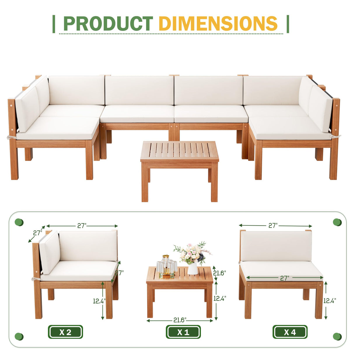 Devoko Outdoor Sectional Couch 7 Pieces Patio Sectional Sofa with Acacia Wood Coffee Table, Outdoor L-Shaped Couch with All-Weather Cushion for Patio,Deck,Backyard(White) Devoko