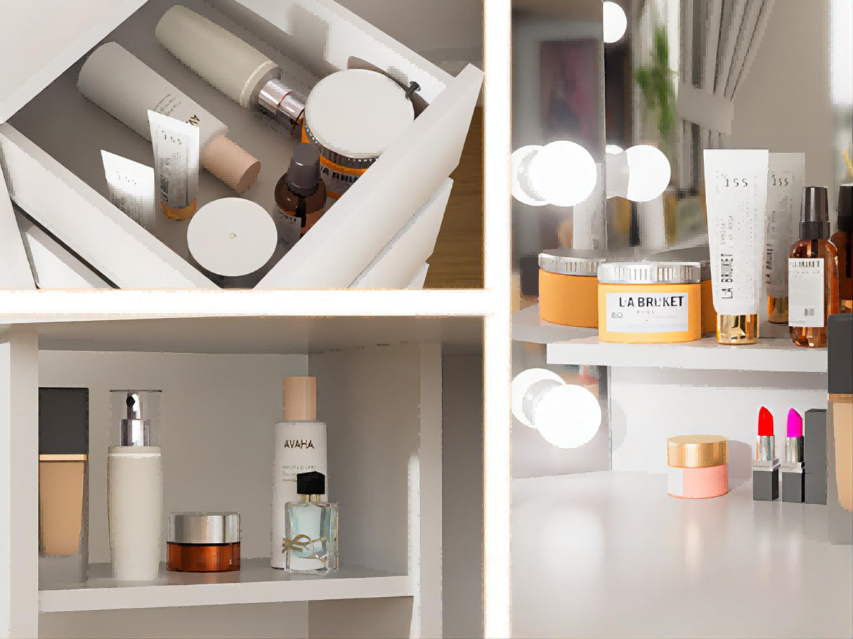 Corner Makeup Vanity Desk with Mirror and Lights - White Vanity Table with 3 Lighted Mirrors 5 Drawers Bedroom Makeup Table with Storage Shelf 44'' Dressing Table for Women Girls Soldow