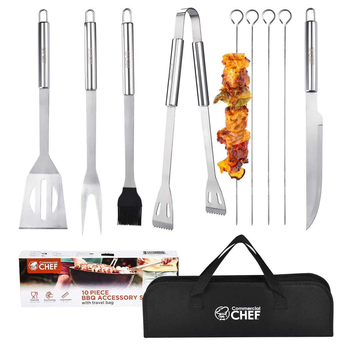 Commercial Chef 10PC BBQ Grill Tool Set – Outdoor Smoker Grilling Accessories, with Carry Bag, Meat Skewers, Spatula, Tongs, Fork, Basting Brush - Gifts for Men Commercial CHEF
