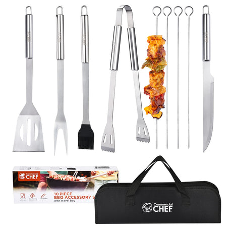 Commercial Chef 10PC BBQ Grill Tool Set – Outdoor Smoker Grilling Accessories, with Carry Bag, Meat Skewers, Spatula, Tongs, Fork, Basting Brush - Gifts for Men Commercial CHEF