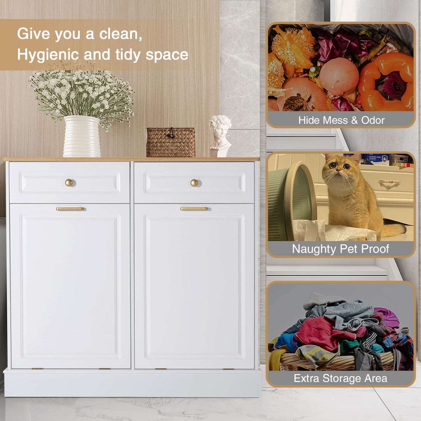 ONG Double Kitchen Trash Cabinets Tilt Out Trash Cabinets with Two Hideaway Trash Holder, Free Standing Kitchen Wooden Trash Can Recycling Cabinet with Two Solid Wood Drawers (White) - WoodArtSupply