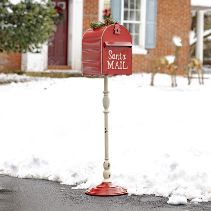 42" Tall Metal Standing Santa's Mail Christmas Mailbox with Light-up LED Wreath (Red Top)