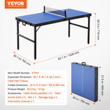 VEVOR Ping Pong Table, Mid-Size Table Tennis Game, Indoor MDF Table Tennis Table, Foldable Portable Complete Ping Pong Table Set with Net, 2 Paddles, 3 Balls, Carry Bag, Handle (No Assembly Required) VEVOR