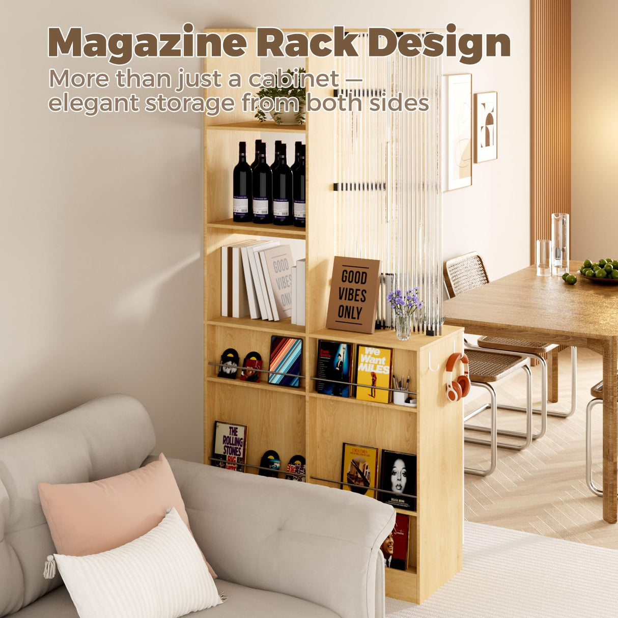 Freestanding Room Divider Cabinet with Storage, Glass & Wooden Book Shelf, Adjustable Shelves Shoe Storage Organizer for Entryway, Living Room, Dining Room, Partition Screen Privacy Wall Divider Kikihouse