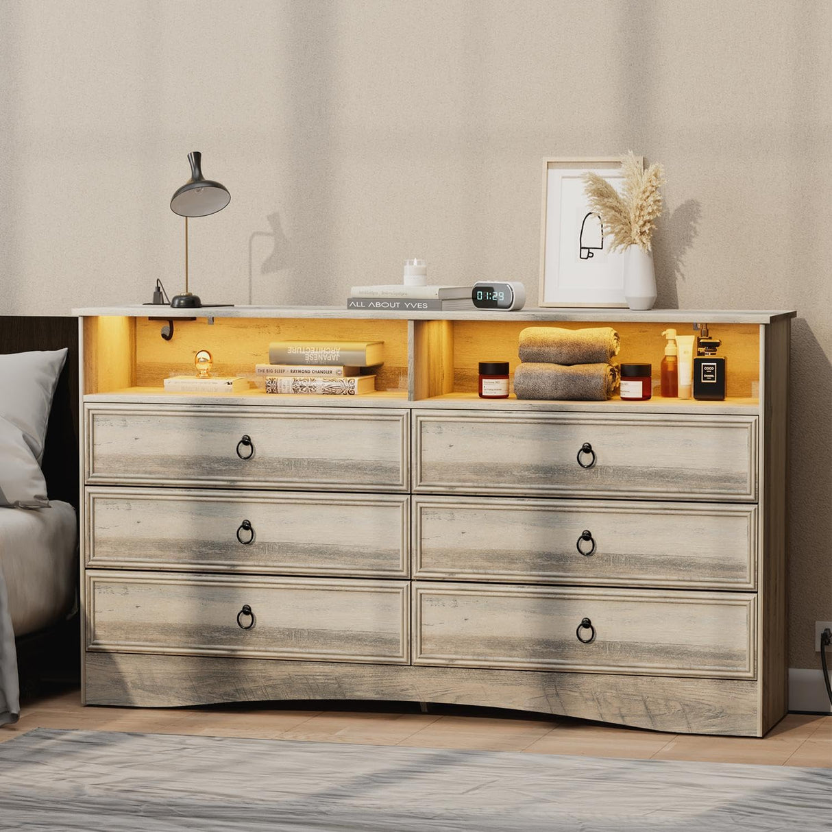 VVFLU Grey 6 Drawer Dresser for Bedroom with LED Lights and Charging Station, Wood 6 Chest Drawers, Large Storage for Clothes, for Living Room, Bedroom, Hallway, Taupe Grey VVFLU