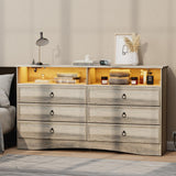 VVFLU Grey 6 Drawer Dresser for Bedroom with LED Lights and Charging Station, Wood 6 Chest Drawers, Large Storage for Clothes, for Living Room, Bedroom, Hallway, Taupe Grey VVFLU