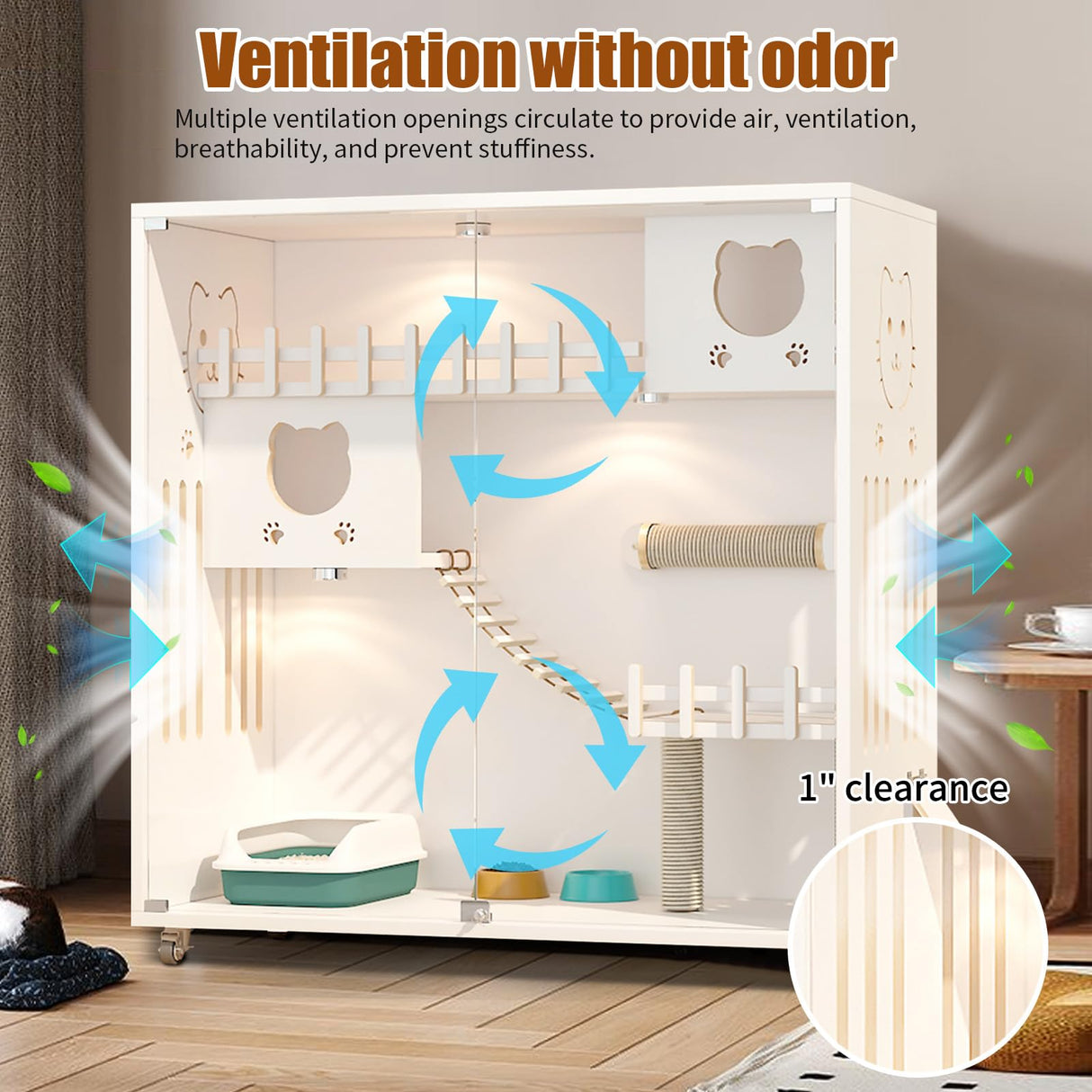 Enclosed Cat Condo, Large Space Cat Cage with Scratching Post, Wooden Indoor/Outdoor Cat Enclosure, Multi-Feature Cat Houses Ventilation Glass Doors, 50" X 48" X 24" (White, 50" X 48" X 24") TMGSK