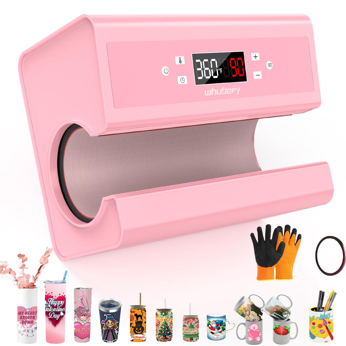 Whubefy Auto Tumbler Heat Press Machine, Pink Mug Heat Press for 10-30oz 2.9-3.34 Inch Heating Even & Fast, PRO Tumbler Press Machine with Starter Kit, Sublimation for Tumbler, Glass Jar, Can & Mugs Whubefy