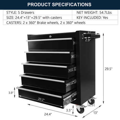 Tool Chest with Wheels,Metal Locking Rolling Tool Box with Tool Organizer Trays for Tool Storage Organizer,Garage,Portable Standing Mechanic Toolbox for Garage (5 Drawer Tool Box Black, 5 Drawer) BouPower