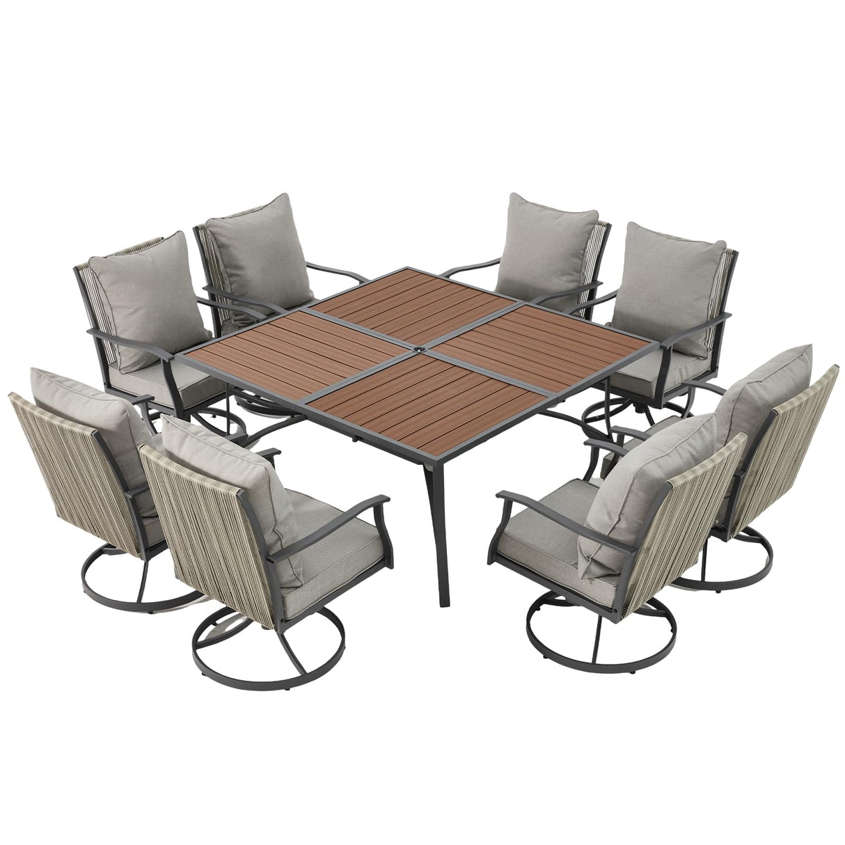 EROMMY 9-Piece Outdoor Dining Set, 8 Swivel Wicker Chairs with Thick Cushions & Wood-Like Dining Table with Umbrella Hole, Patio Furniture Set for Porch, Garden, Backyard, Poolside, Deck, Grey EROMMY