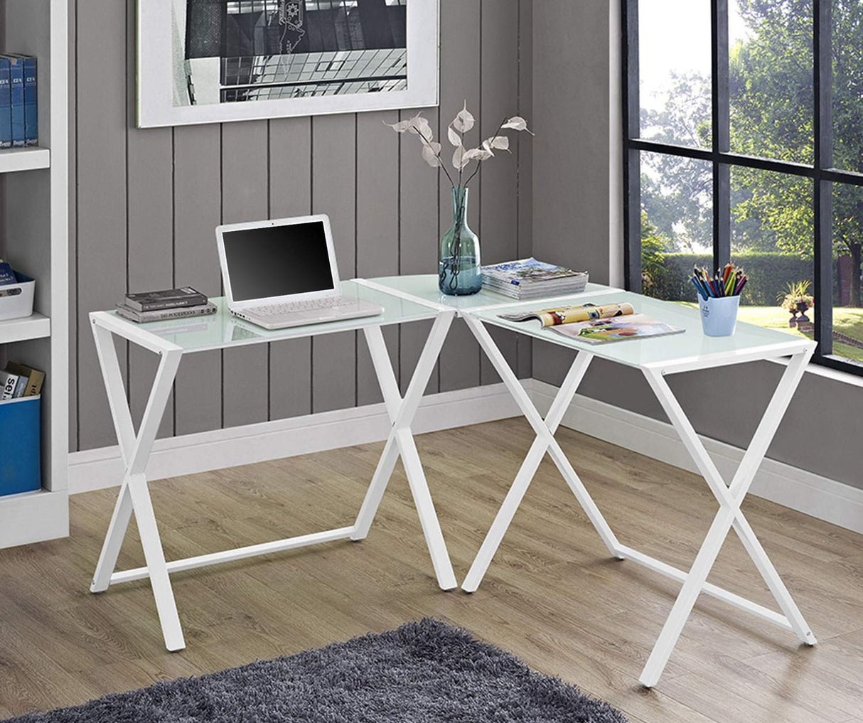 Walker Edison Wright Modern X Leg Glass Top Corner Computer Gaming L Shape Desk Home Office, 51 Inch, White Walker Edison