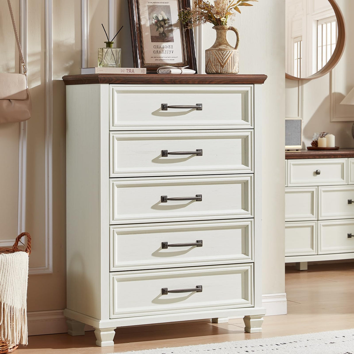 SAVOR LIFE Farmhouse 5 Drawer Dresser for Bedroom, 45” Tall Dresser for Closet, Rustic Wooden Chests of Drawer for Bedroom, Hallway, Entryway, White SAVOR LIFE