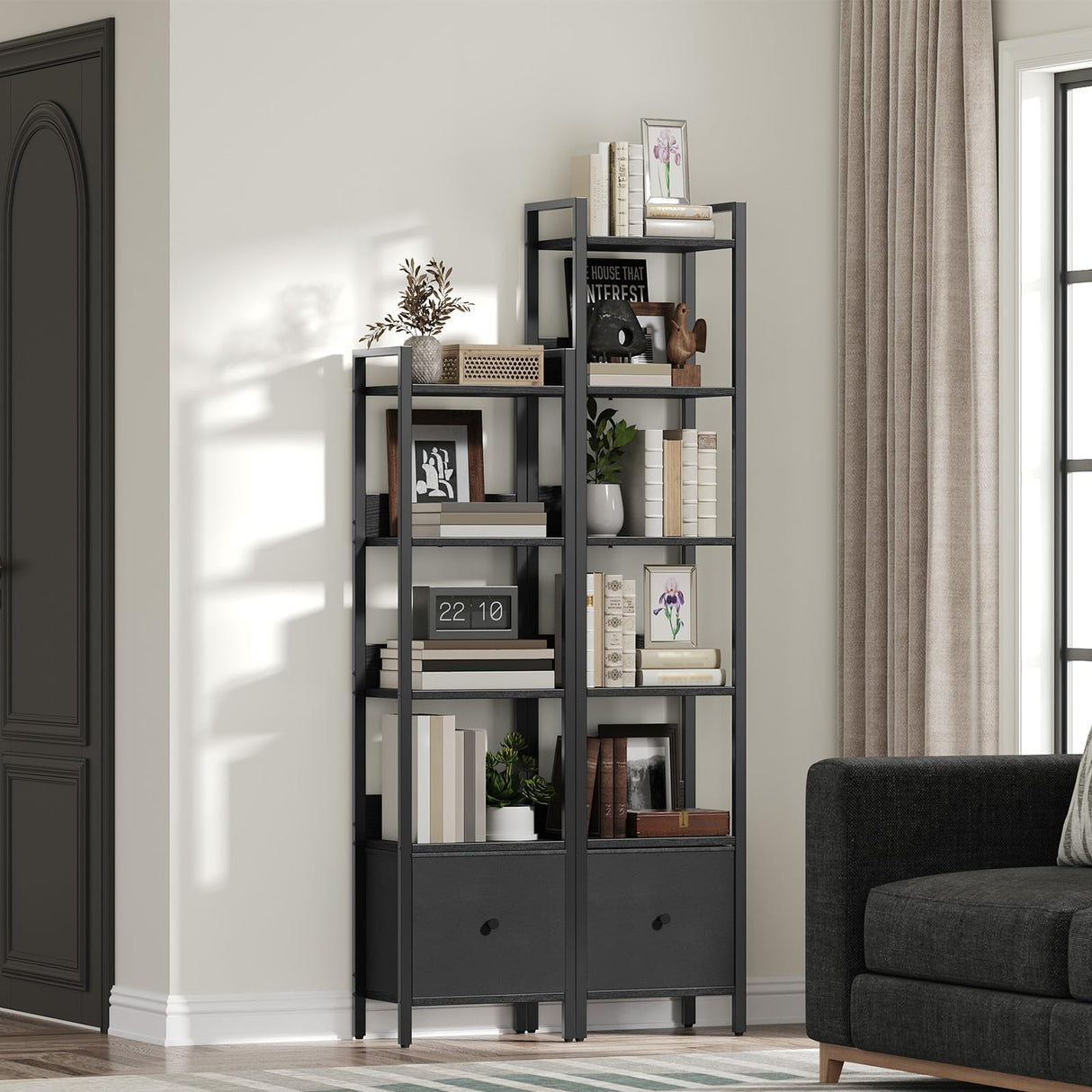 MAHANCRIS Bookshelf, 5-Tier Bookcase with Drawer, Small Book Shelf for Small Space, Storage Shelf Organizer, for Living Room, Bedroom, Study, Kitchen, Black BKHB55101 MAHANCRIS