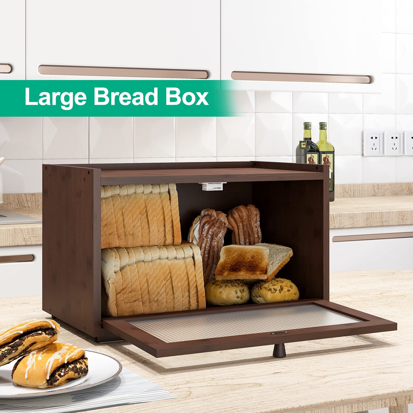 kiplant Large Bread Box for Kitchen Counter, Bamboo Bread Storage Container with Wavy Arcylic Transparent Door, Bamboo Wooden Farmhouse Bread Box for Your House (Brown)