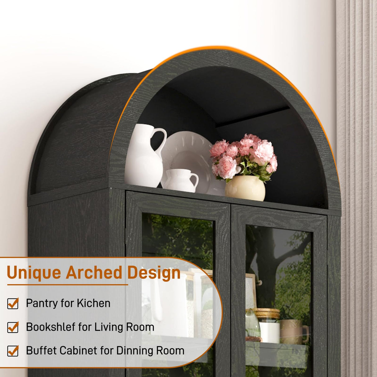 75" Tall Arched Kitchen Pantry Cabinet w Load-Bearing Steel Pipe,Modern Farmhouse Kitchens Storage Cabinet with Drawer and Glass Doors,Tall Arched Bookcase,Pantry Organizer(Woodgrain Black) chartustriable