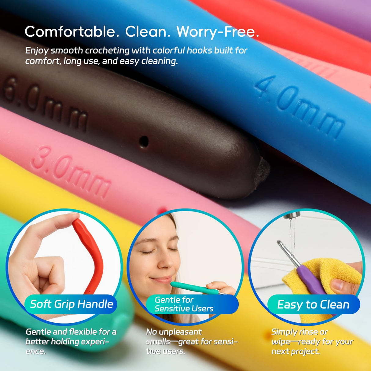 9PCS Ergonomic Crochet Hooks Set by Flickzo – Aluminum Crochet Hook Set with Soft Silicone Handles (2-6mm), Crochet Kit for Beginners with Crochet Tools & Knitting Accessories Flickzo