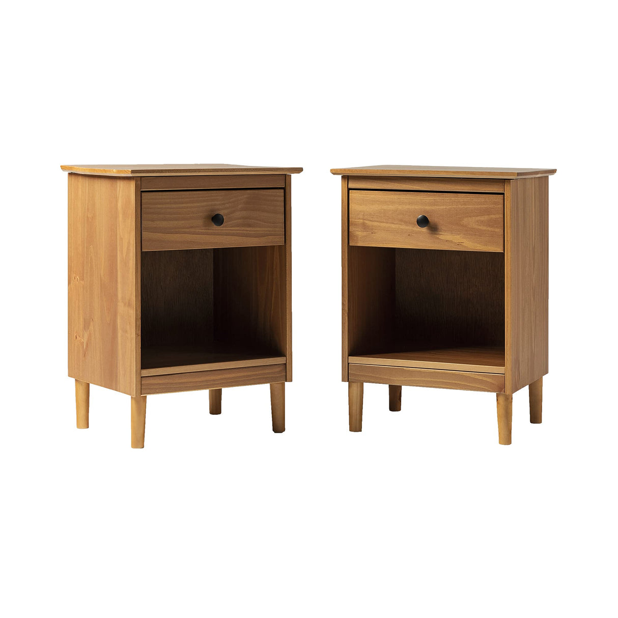 Walker Edison Russ Mid Century Modern 1-Drawer Solid Wood Nightstand Set, Caramel Walker Edison