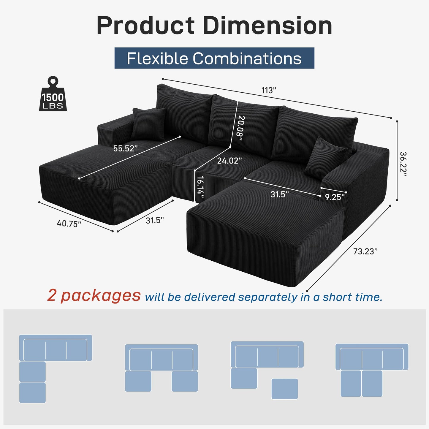 Sectional Modern Sleeper Sofa Couches for Living Room-113'' Black 3 Seater U-Shaped Lounge Cloud Couch-No Assembly Modular Corduroy Convertible Sponge Compression Sofas with Chaise for Home House