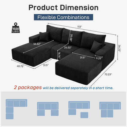 Sectional Modern Sleeper Sofa Couches for Living Room-113'' Black 3 Seater U-Shaped Lounge Cloud Couch-No Assembly Modular Corduroy Convertible Sponge Compression Sofas with Chaise for Home House