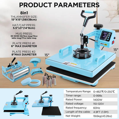 WHUBEFY Heat Press,15x15 Shirt Press Machine 8 in 1 with 30Oz Tumbler Attachment Sublimation Machine Digital Slide Out Sublimation Heat Transfer Machine, Heat Press for T-Shirts Mugs Caps Plates,1400W