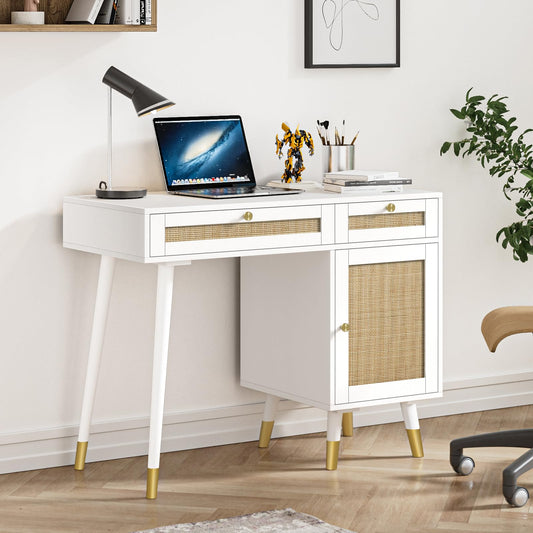 Anmytek Rattan Vanity Desk with Drawers and Storage, White Makeup Vanity Table Modern Home Office Desk Computer Desk for Study D0006 - WoodArtSupply