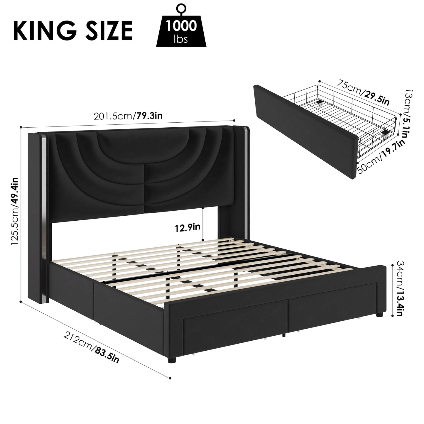 HITHOS Black Upholstered LED Bed Frame with Storage Drawers and Wingback Headboard - WoodArtSupply