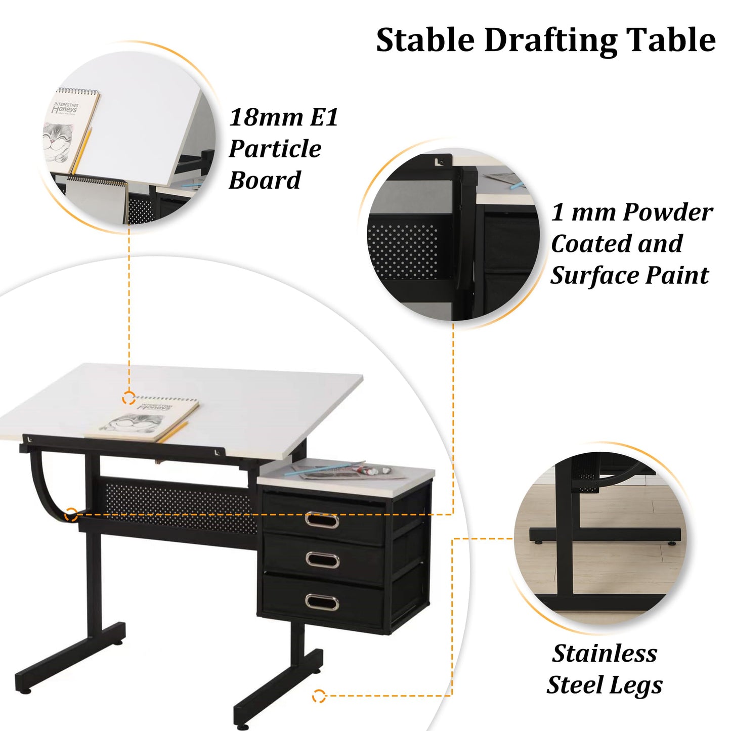 Olela Drafting Desk, Height Adjustable Drafting Table Versatile Art Craft Artists Paintings Storage Work Station with Tilting Temped Glasses Tabletop and Stool (Drawing Table - 2)