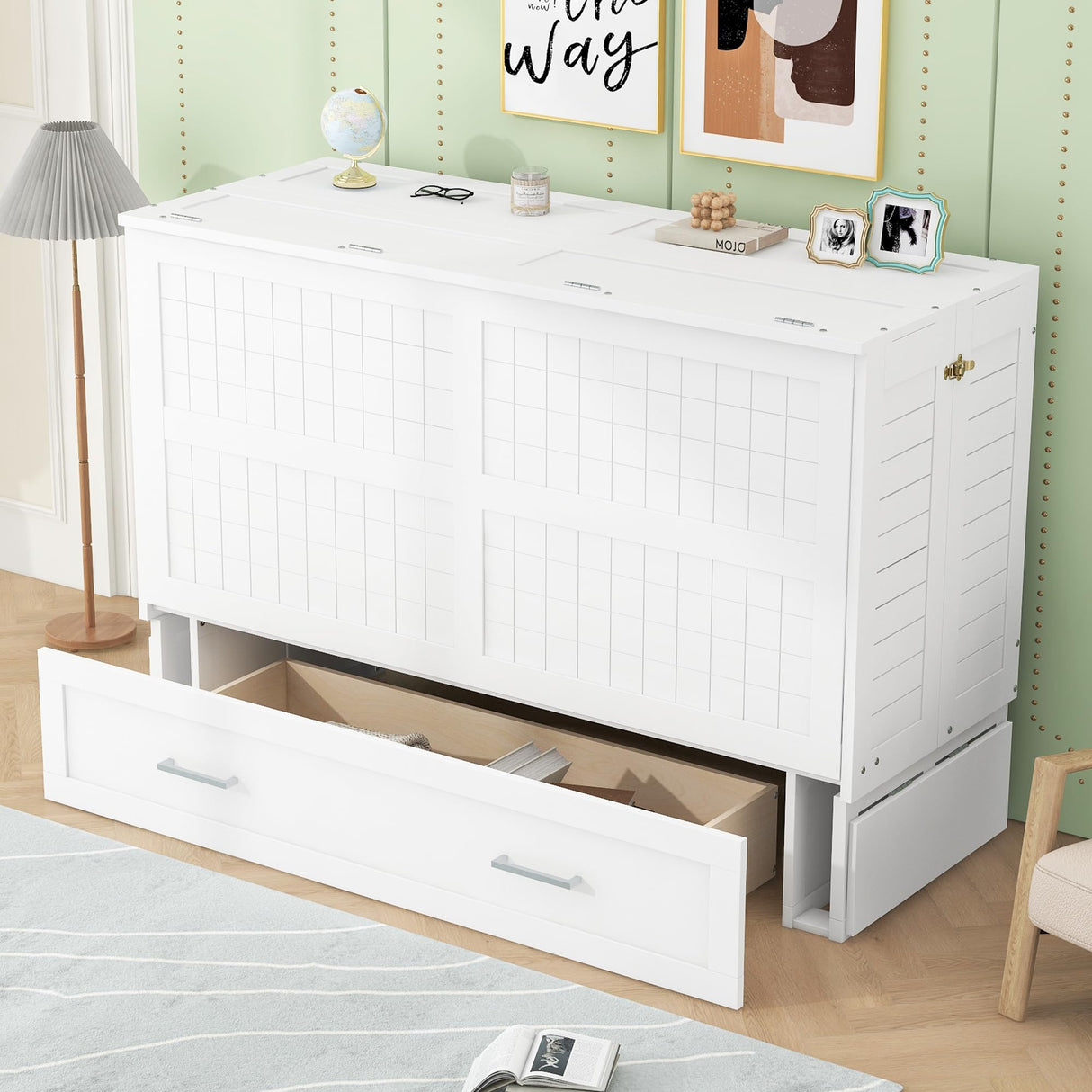 Ball & Cast Mobile Murphy Bed Queen Size with A Big Storage Drawer and 2 Bedside Shelves on Each Side,Hideaway Foldable Fold-Down Bed w/Slat Support,Space-Saving Bedframe for Bedroom,White Ball & Cast