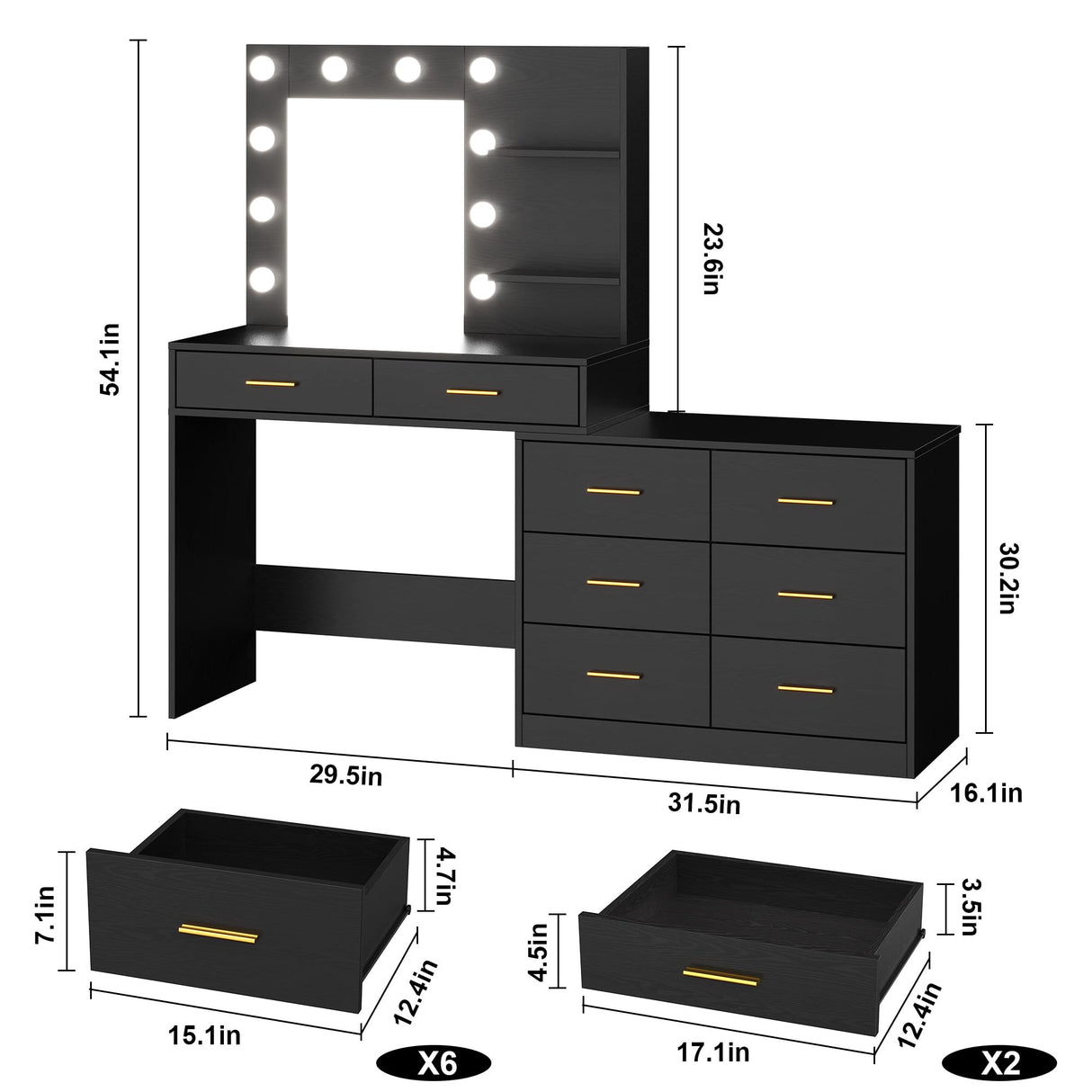 61" Make up Vanity Desk with Mirror and Lights, Black Vanity with 8 Wide Storage Drawers & 2 Tier Shelves, 3 Lighting Modes with Adjustable Brightness, Vanity Desk for Bedroom GarveeHome
