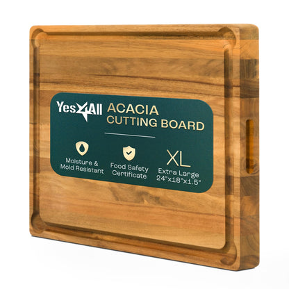 Yes4All Extra Large Acacia Wood Cutting Board for Kitchen, 24''L x 15''W x 1.5'' Thick, Durable Edge Grain Design with Juice Grooves, Pre-Oiled, Easy Grip Handle, Ideal for Chopping and Serving